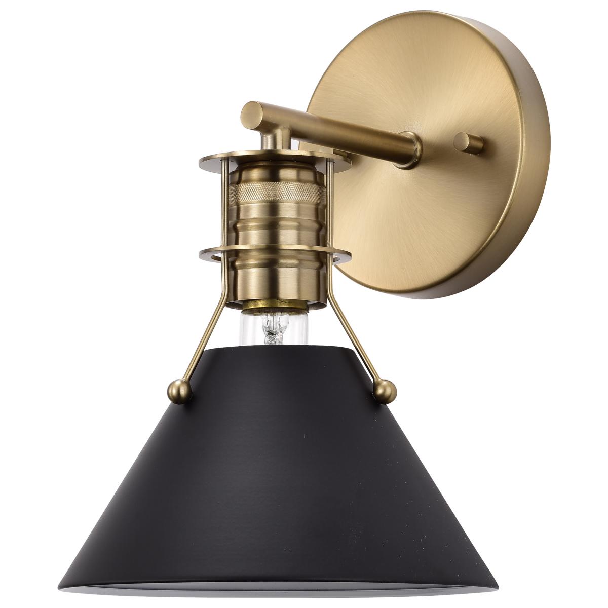Satco Outpost 1-light wall sconce with matte black finish and burnished brass accents, LED lighting fixture with modern design.