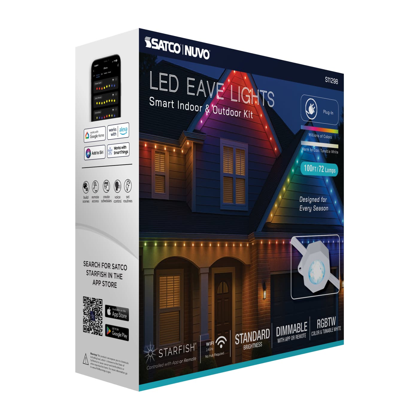 Satco RGB 100-foot LED eave string light with remote, 48W, 120V, color-changing lighting fixture for outdoor use.