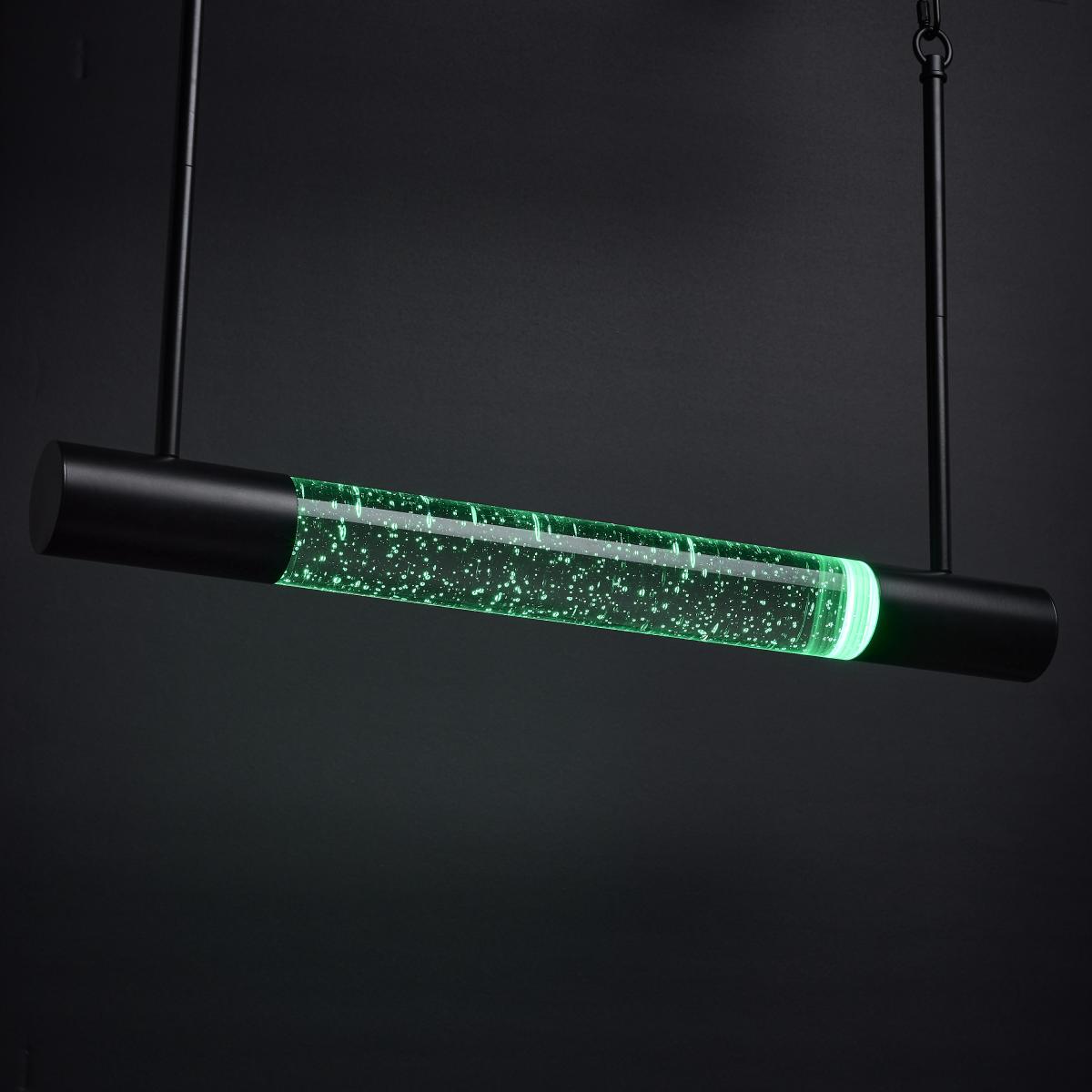 RGB Lacey 23-inch LED island pendant by Satco, matte black finish with K9 bubble crystal for modern kitchen lighting.