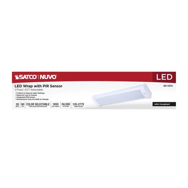 Satco LED 2-foot linear fixture with PIR motion sensor, 20W, available in 27K to 50K color temperatures, ideal for energy-efficient lighting.