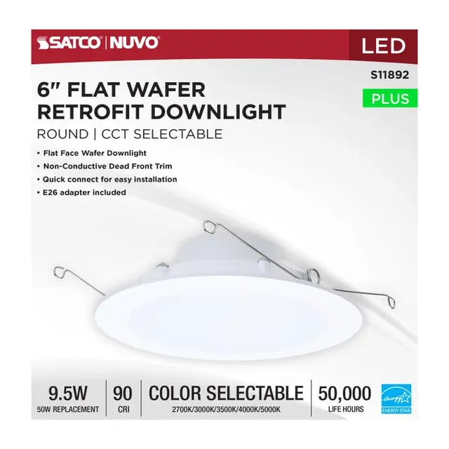 Satco 6-inch LED flat downlight retrofit kit with CCT selectable, 9.5W, round recessed lighting for ceilings.