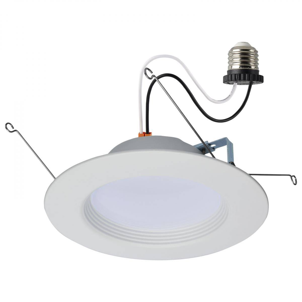 Satco 9W LED recessed retrofit kit, 5-6 inch round white downlight with CCT selectable, 120V, ideal for ceiling lighting.
