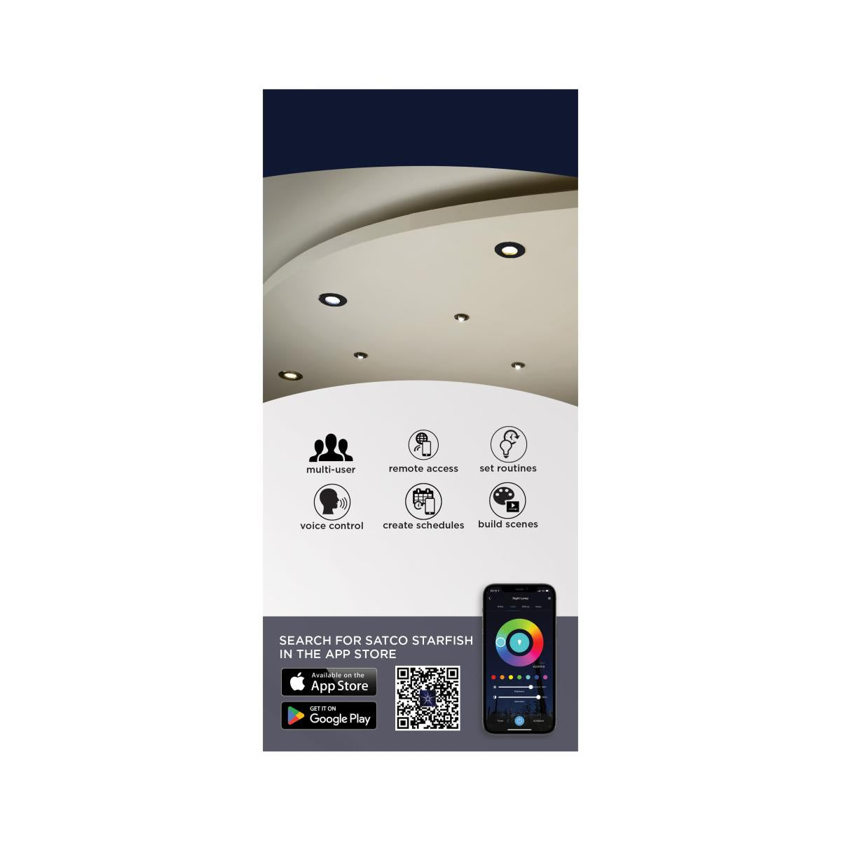 Satco 15W black RGB and tunable white LED gimbaled downlight in a 6-inch recessed retrofit kit.