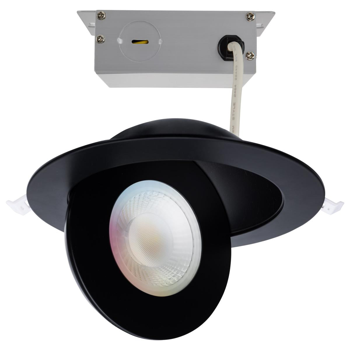 Black Satco 15W RGB and tunable white LED gimbaled downlight, 6-inch recessed retrofit kit with adjustable light color.