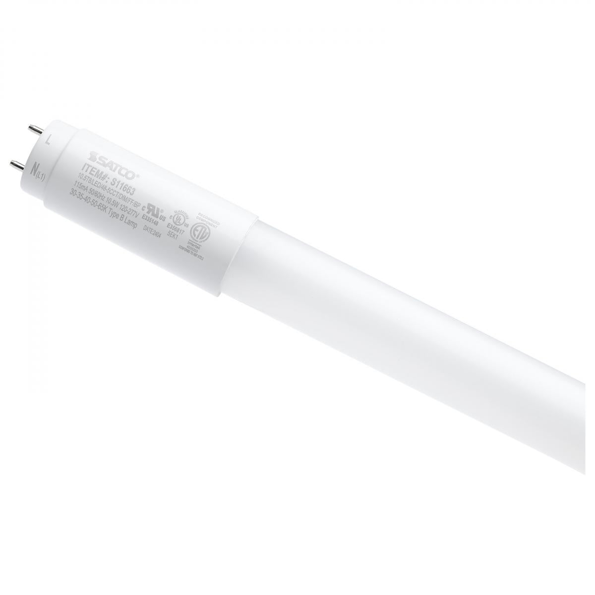 Satco dimmable 10.5W T8 LED lamp, 48-inch, CCT selectable, Type B ballast bypass, suitable for 120-277V lighting.