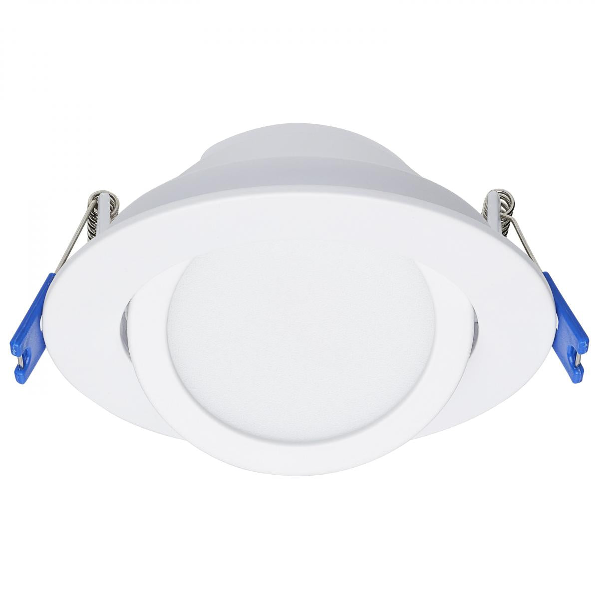 Satco 11W LED wafer downlight, 4-inch directional low-profile design with CCT selectability in white finish.