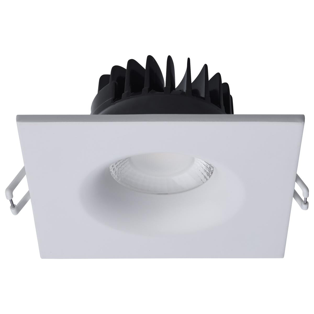 Square white 4-inch Satco LED wafer downlight with remote driver, 10W, canless design, and CCT selectable for adjustable lighting.