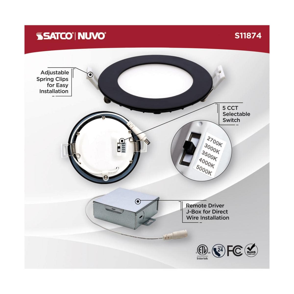 Black 10 Watt; LED Direct Wire Downlight; Edge-lit; 4 inch; CCT Selectable - Green Lighting Wholesale, INC