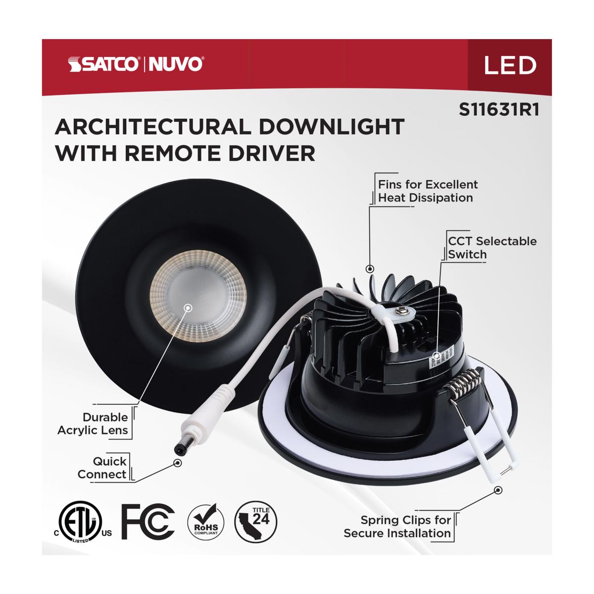 Black Satco LED wafer round downlight, 3.5-inch, 10-watt, canless design with remote driver and CCT selectable lighting.