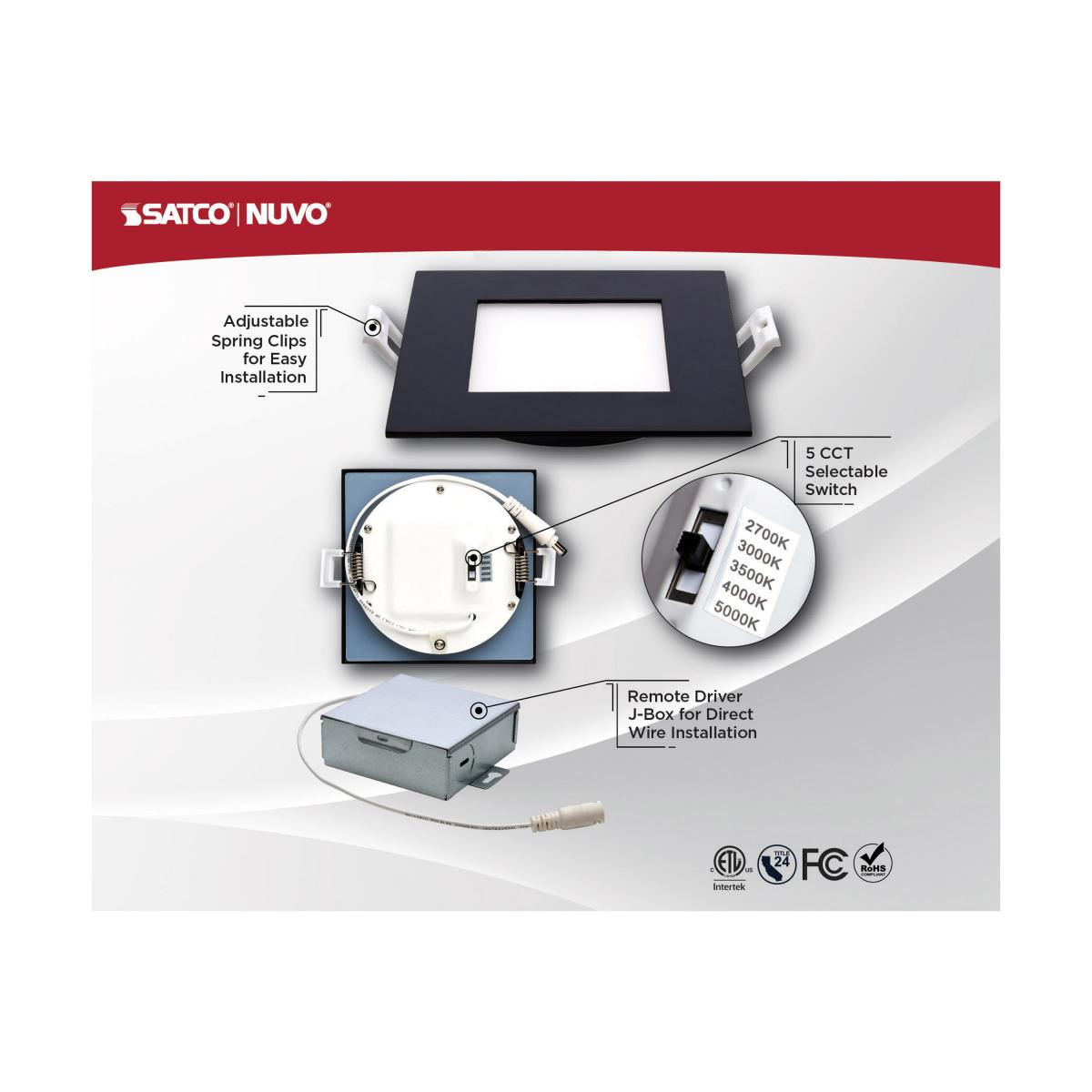 Black Satco 10W LED wafer downlight, 4-inch low-profile square design with CCT selectable feature.