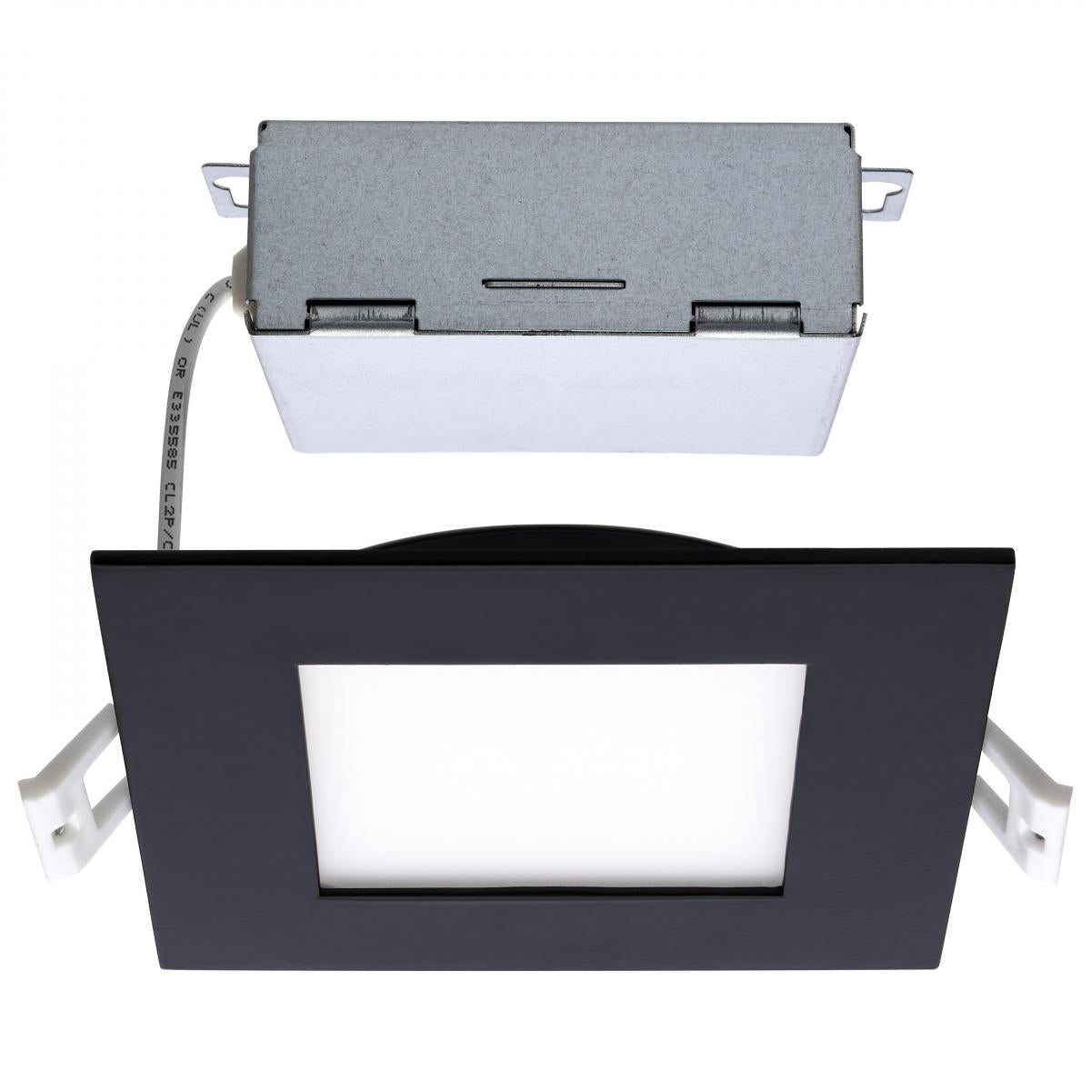 Black Square 10W LED Wafer Downlight by Satco, 4-inch low-profile LED with CCT selectable lighting options.