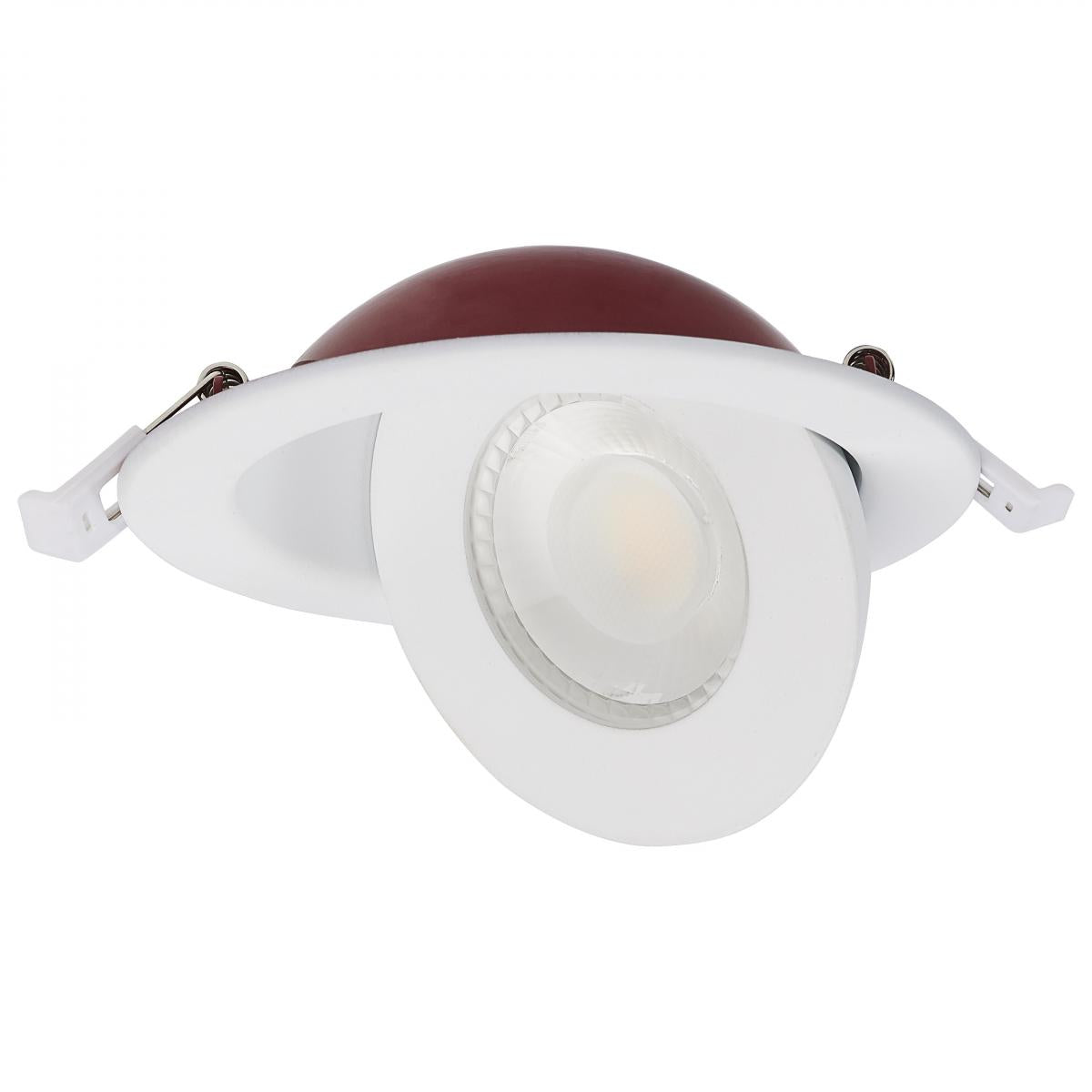 Satco 4-inch fire-rated LED wafer downlight with round shape, white finish, direct wire, and CCT selectable lighting.