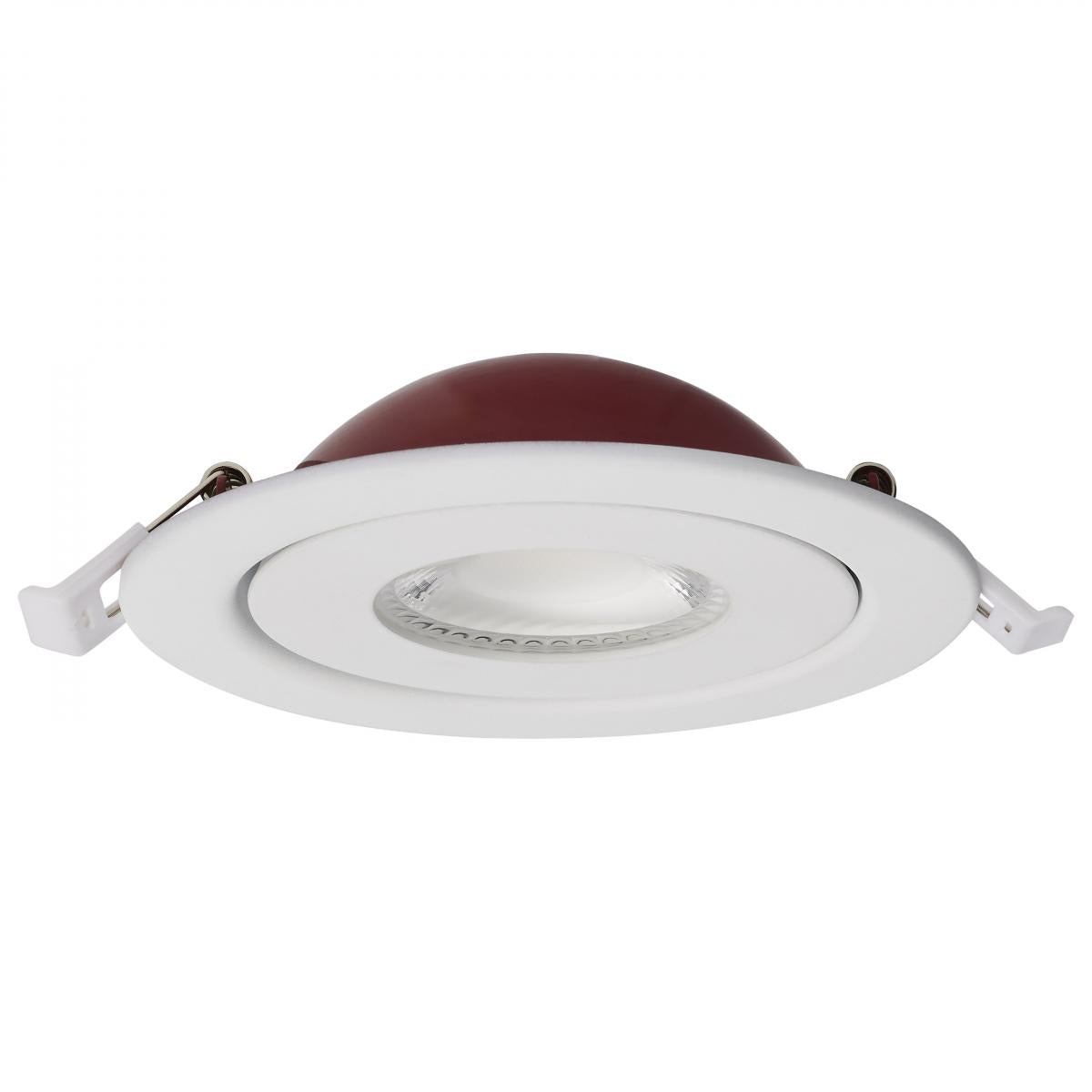Satco 4-inch fire-rated LED wafer downlight, round shape, white finish, direct wire installation, CCT selectable lighting.