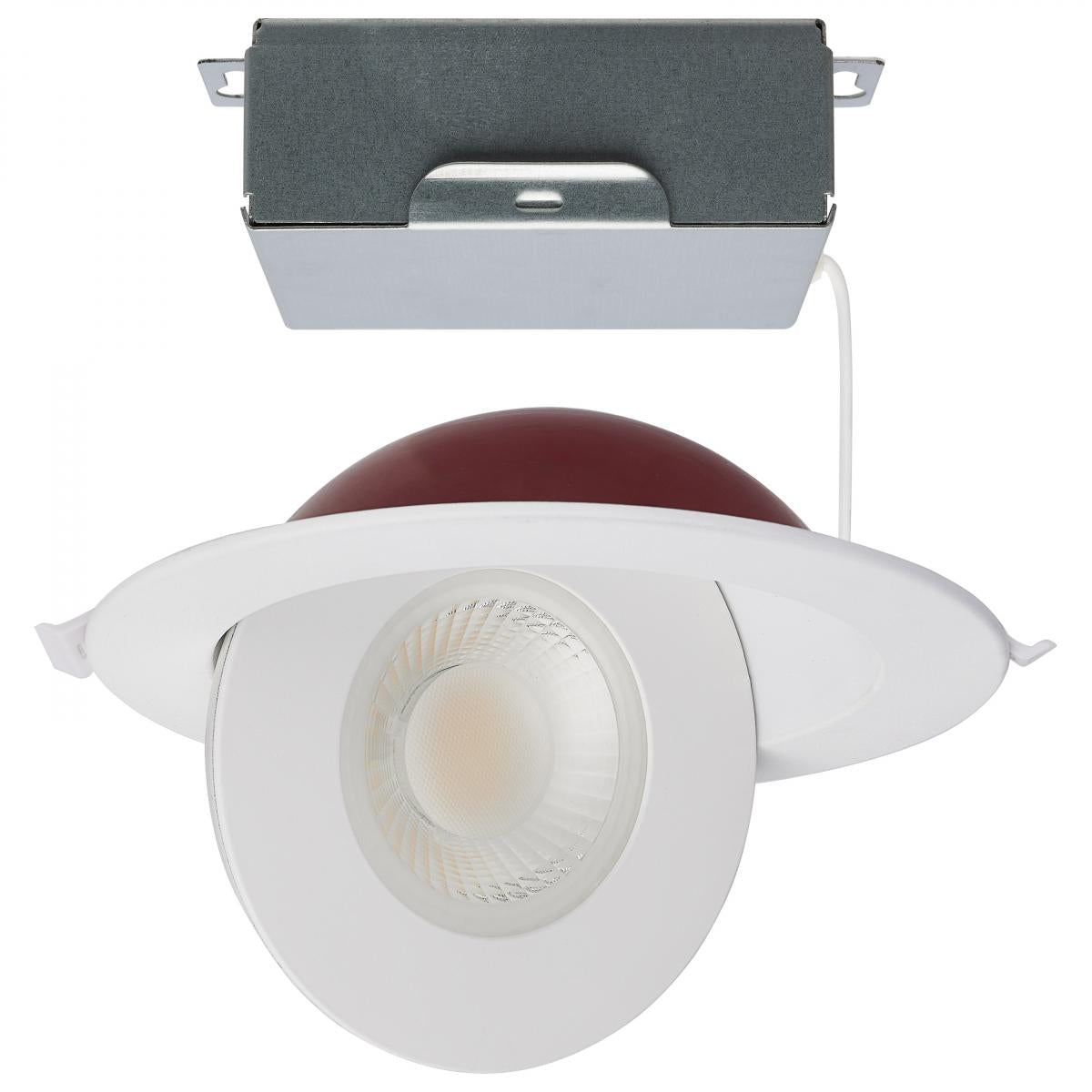 Satco 6-inch fire-rated LED wafer downlight with white round finish and CCT selectable, designed for direct wire installation.