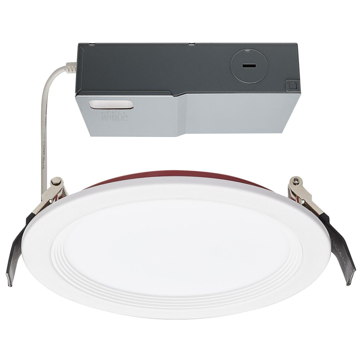 Satco fire-rated 6-inch round LED wafer downlight with white finish and CCT selectable feature.