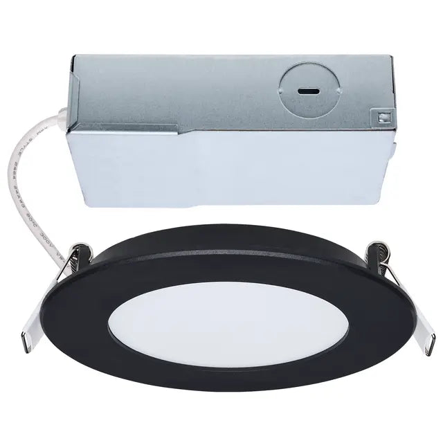 Satco LED wafer downlight in black, 4-inch size, 8W, remote driver, with adjustable color temperatures 27K to 5K, model S11685