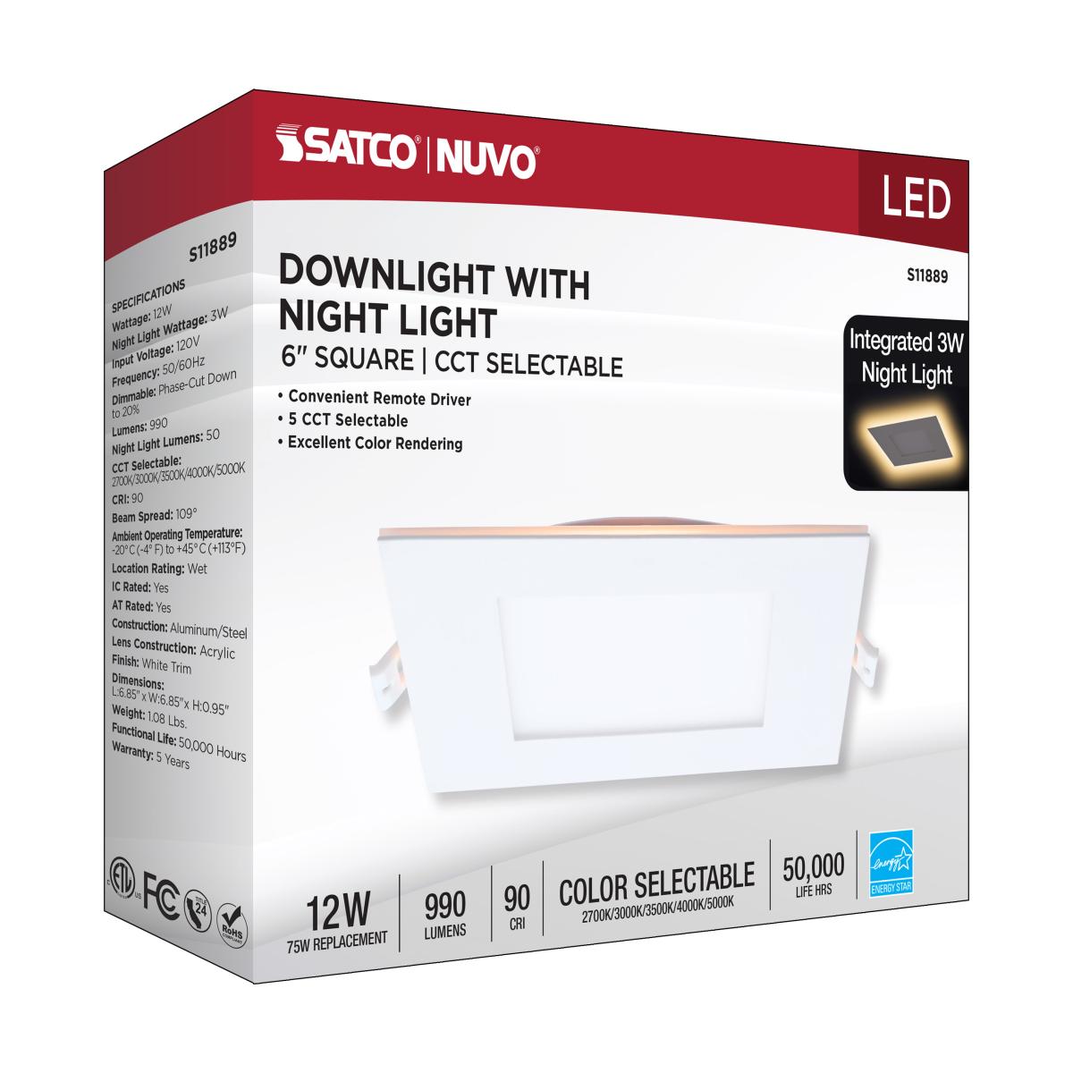 Satco 6-inch LED wafer downlight with night light and CCT selection, 12 watts, canless design, ideal for modern ceilings.