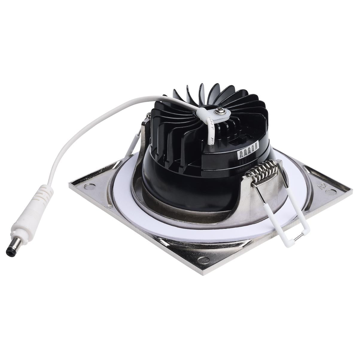 Square brushed nickel LED wafer downlight by Satco, 10W, 4-inch, with remote driver and adjustable CCT lighting.