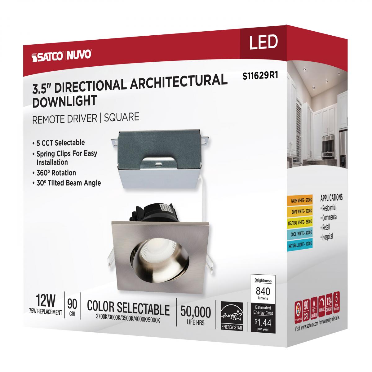 Satco Square Brushed Nickel 12W LED Wafer Downlight with Gimbaled 3.5-inch design and adjustable CCT settings