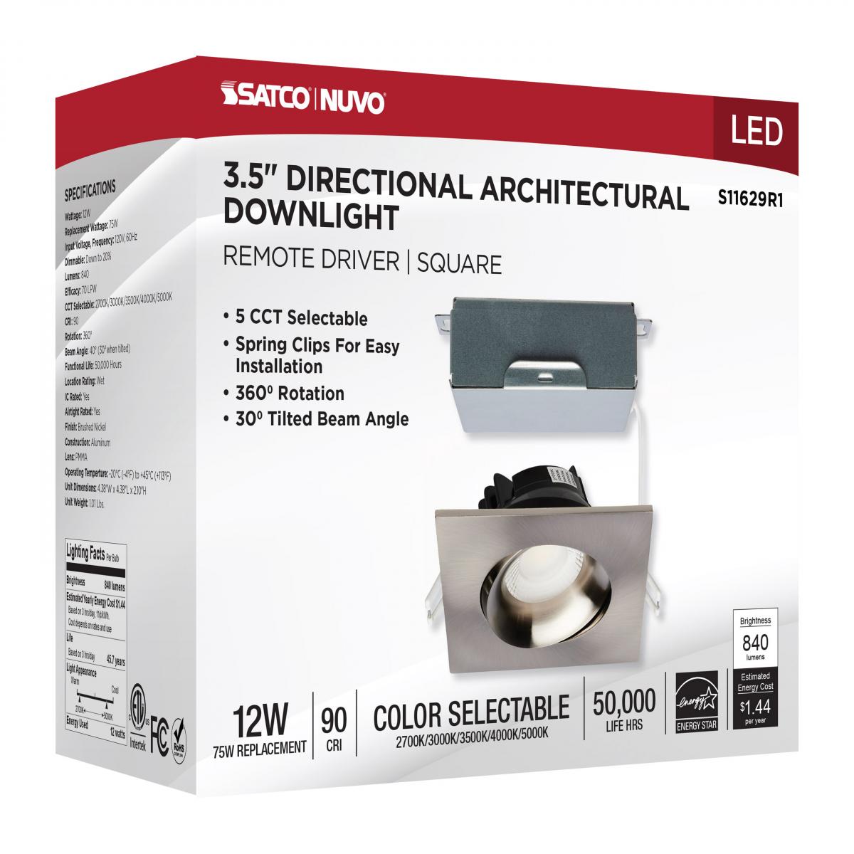Satco square brushed nickel 12W LED wafer downlight with gimbaled design, 3.5-inch size, adjustable angle, and CCT options.