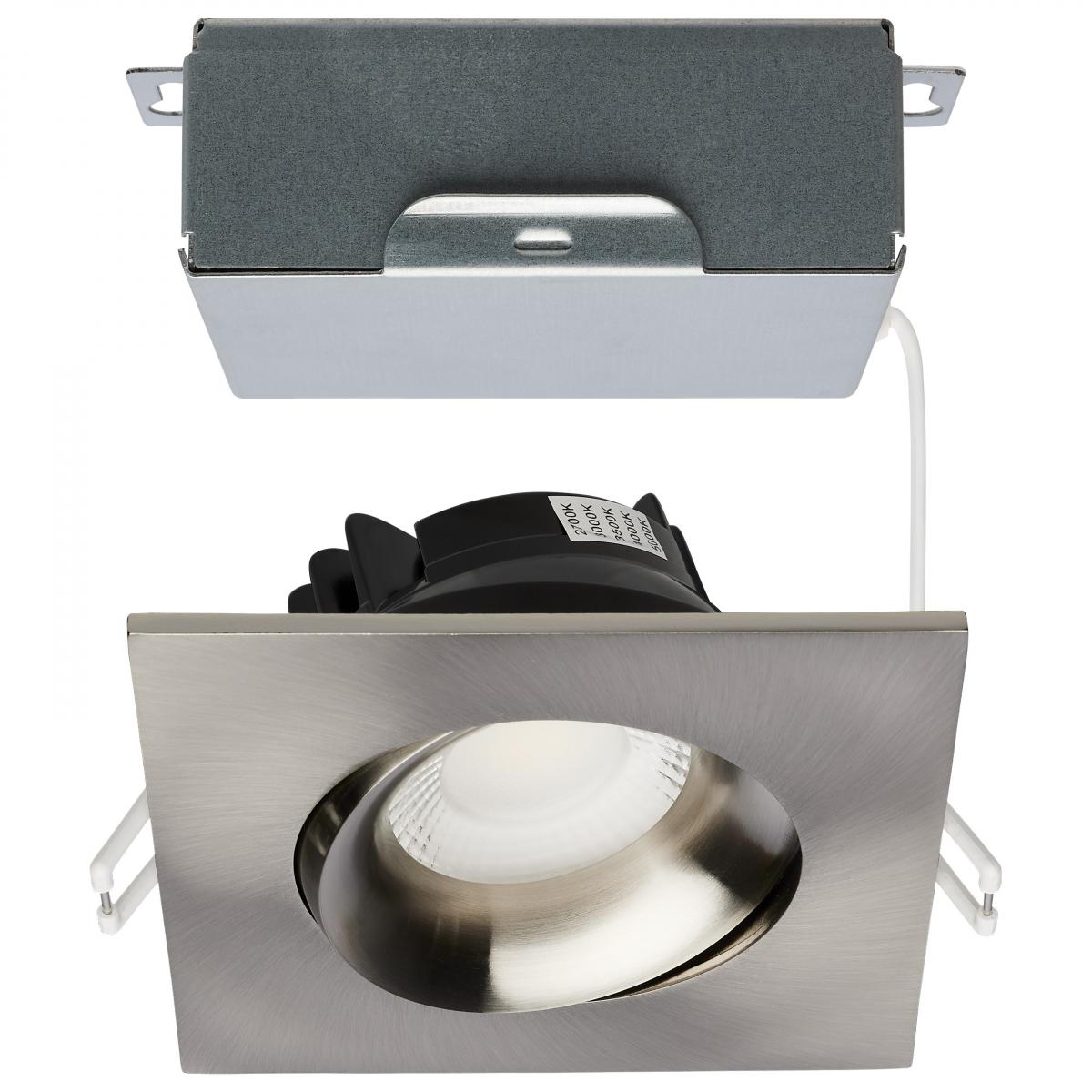 Square brushed nickel Satco LED Wafer downlight, 12W gimbaled 3.5-inch LED fixture with adjustable CCT settings.