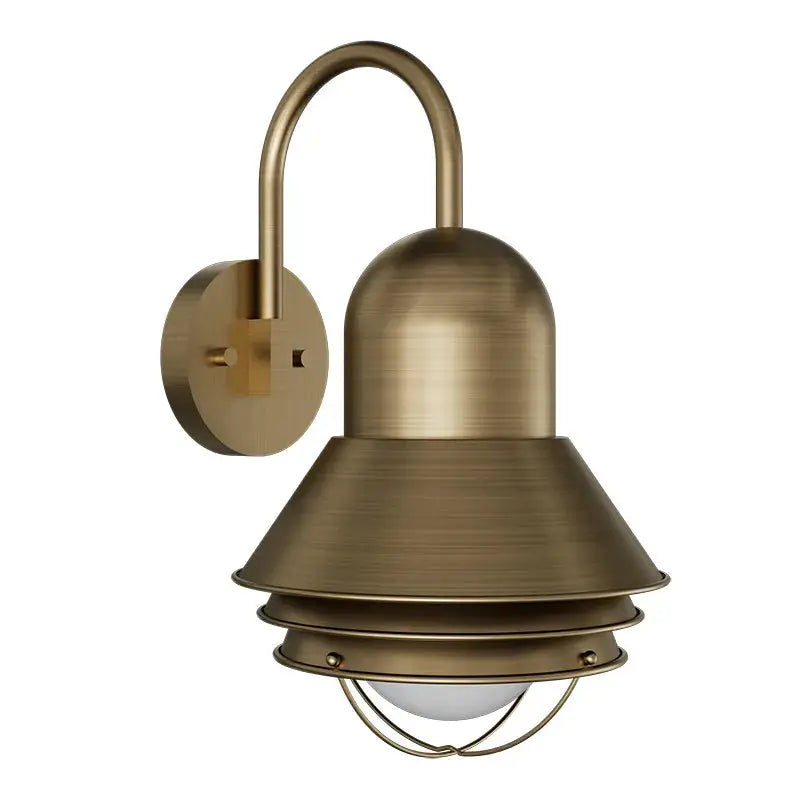 Antique brass gooseneck LED Oceanside exterior light fixture by Westgate with adjustable wattage and color temperature options.