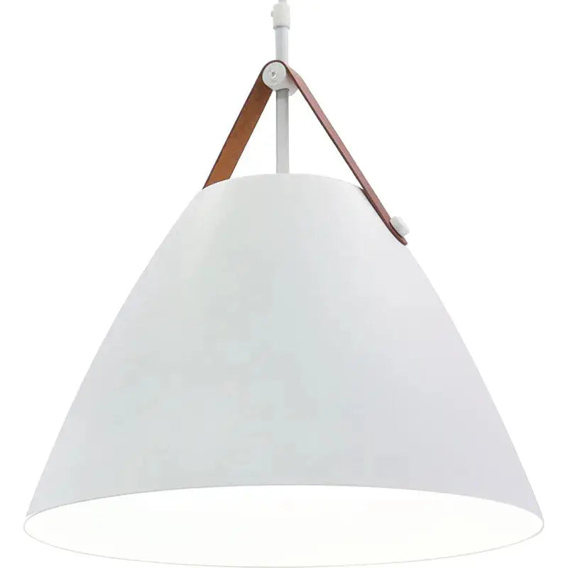 LED White Nordic Design Pendant Light with Leather Strap by Westgate, 25W, adjustable CCT, modern ceiling fixture with stylish detail.
