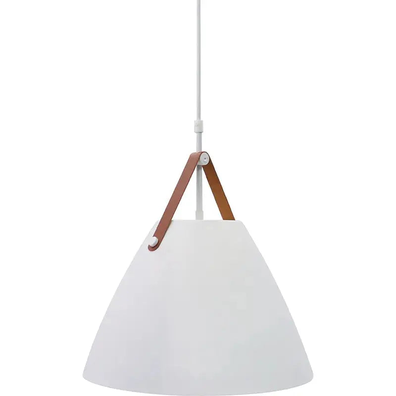 LED White Nordic Design Pendant Light with Leather Strap, 25W, CCT, by Westgate, featuring modern ceiling fixture with leather detail