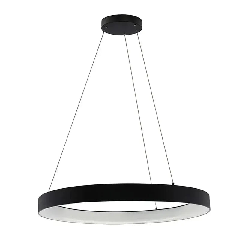 Black 36-inch hollow circle pendant with uplight, 80W LED lighting fixture by Westgate, featuring adjustable CCT settings.
