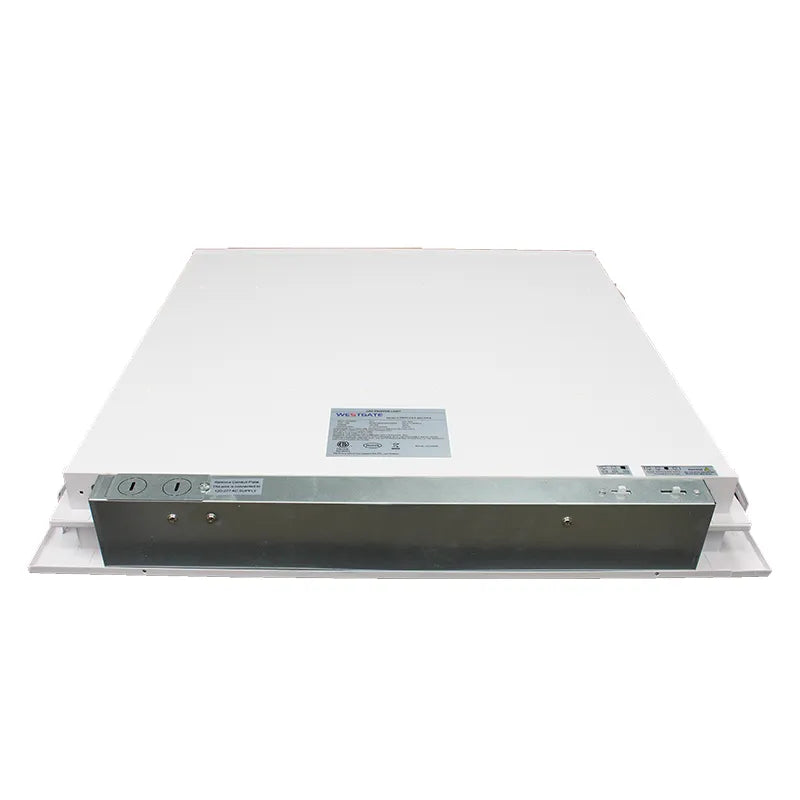 Westgate LED 2x2 architectural recessed panel light in black, 24W/35W/40W with adjustable CCT, installed in ceiling.