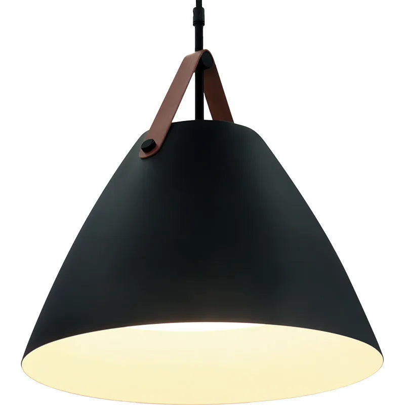 Westgate LED black Nordic pendant light with leather strap, 25W, adjustable CCT, modern lighting fixture for stylish interiors.