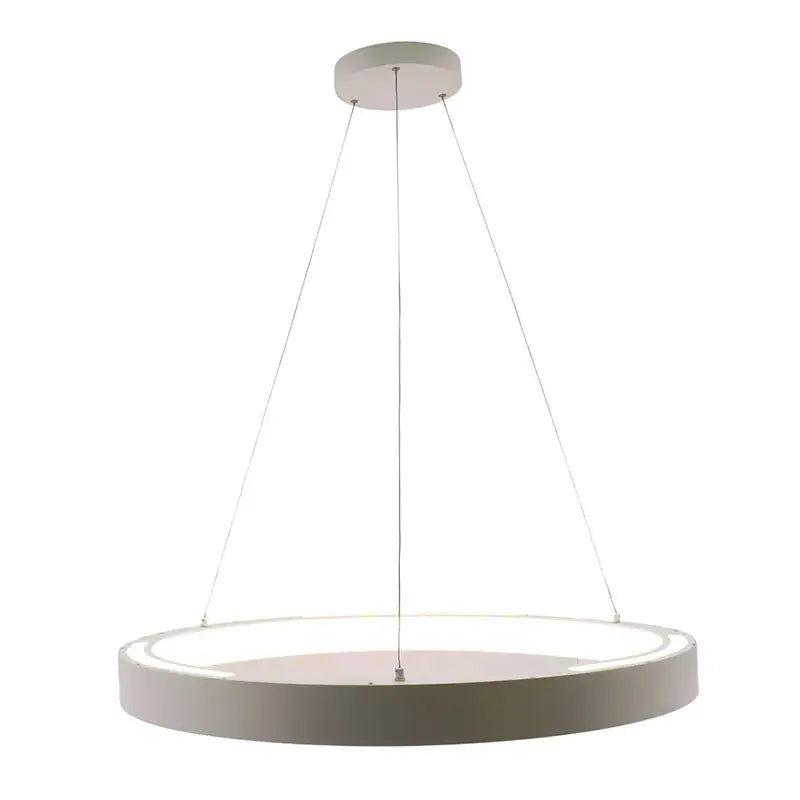 White 36-inch hollow circle pendant light with uplight, 80W LED fixture by Westgate, featuring adjustable CCT lighting.