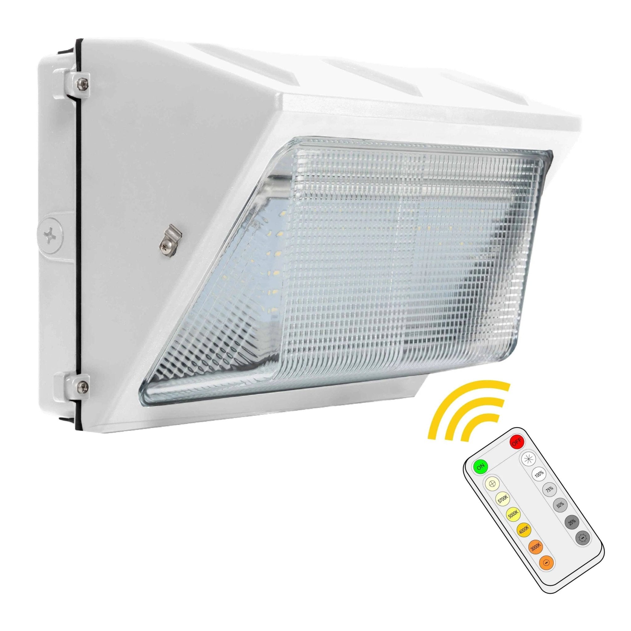 White LED tunable wall pack by Westgate featuring adjustable power and color options for energy-efficient outdoor lighting.