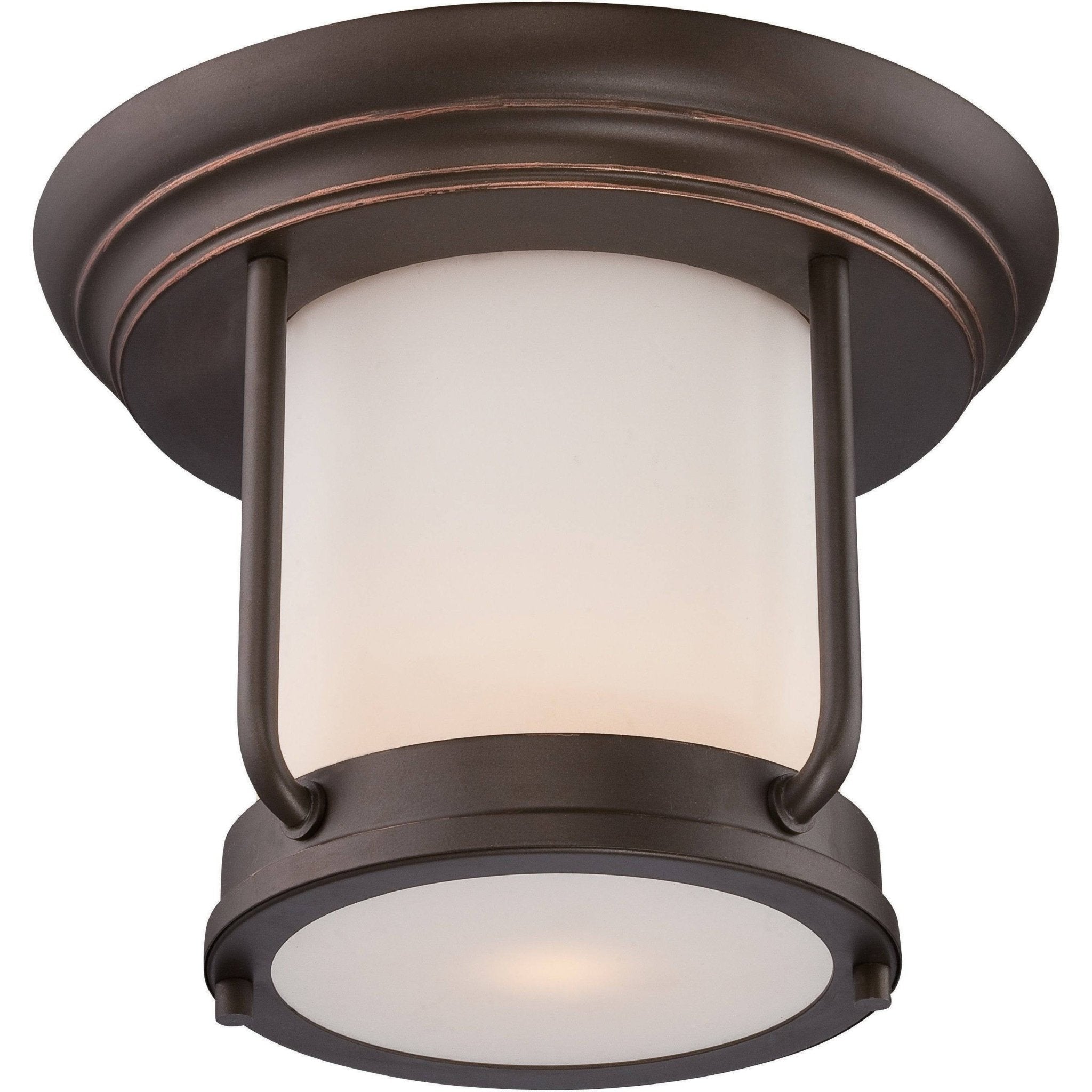 Nuvo LED bronze outdoor flush fixture with satin white glass for exterior lighting, mounted on wall.