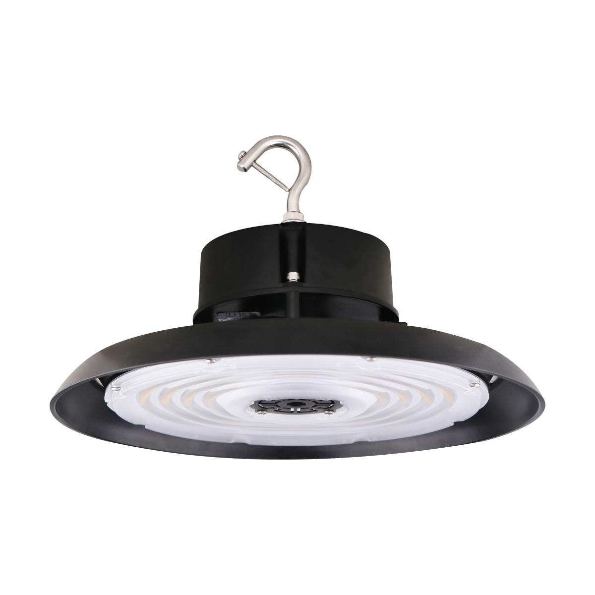 Satco 150W UFO LED High Bay light with 21600 lumens, 5000K, black finish, dimmable, designed for industrial or commercial spaces.