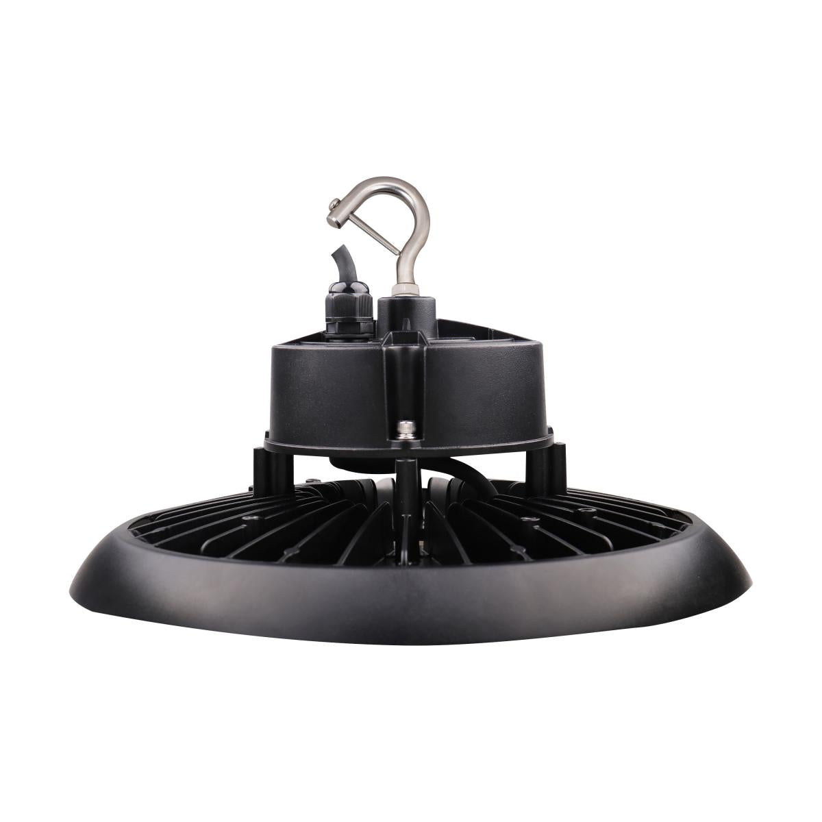 Satco 150W UFO LED High Bay light in black finish, 21600 lumens, 5000K, dimmable, suitable for 120-277V industrial lighting.