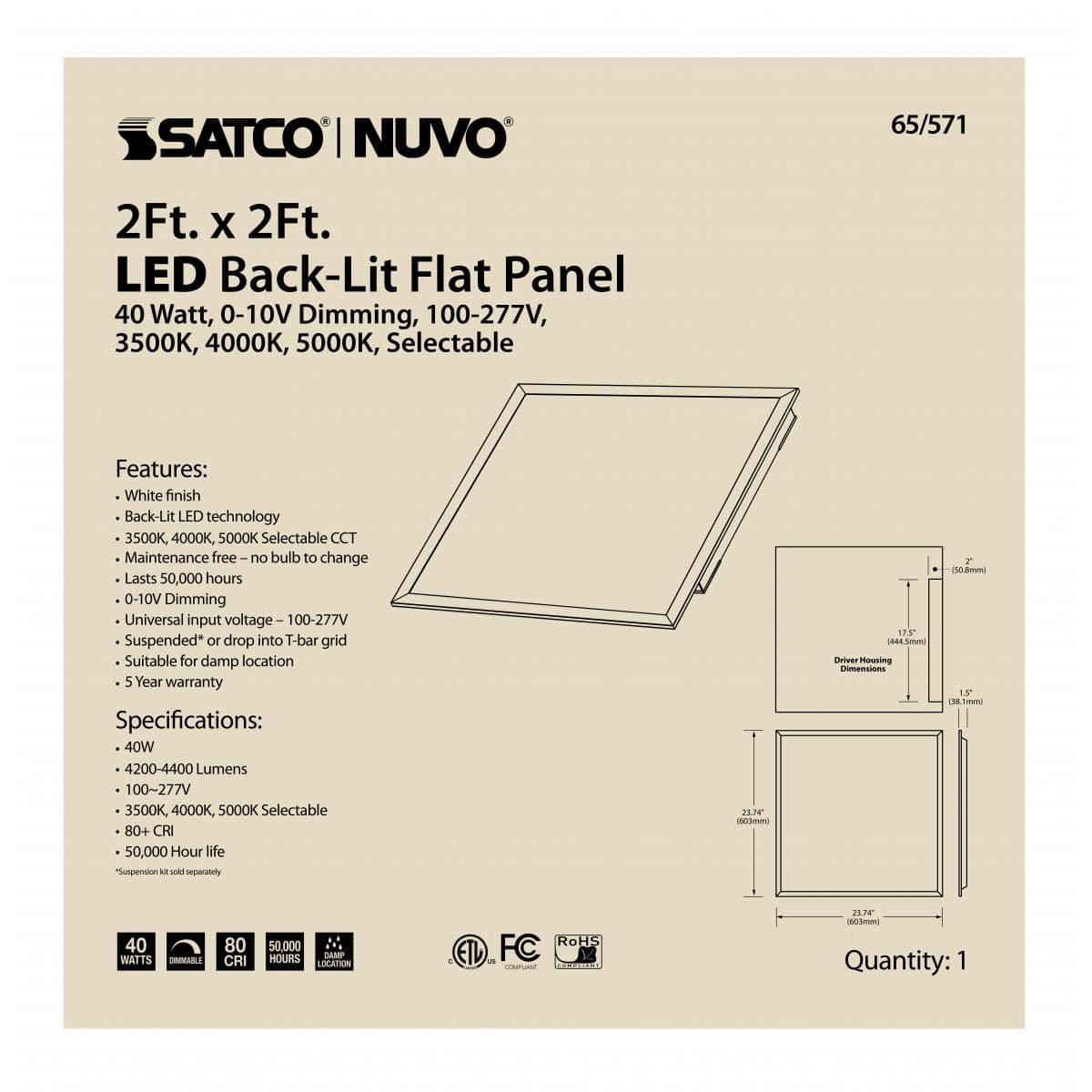 LED Backlit Flat Panel; 40 Watt; 2 ft. x 2 ft.; Selectable CCT; 100-277 Volt - Green Lighting Wholesale