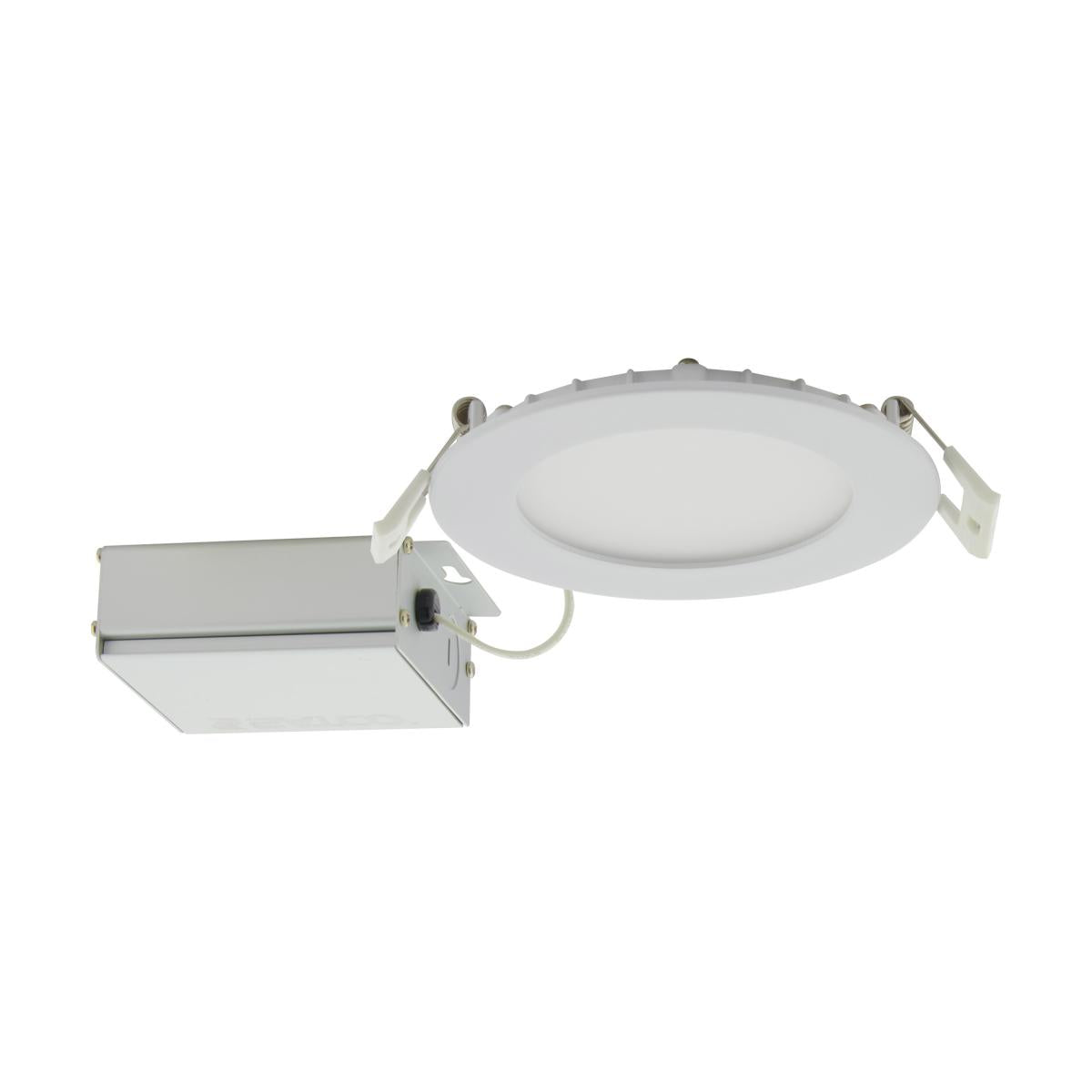 Round 4-inch LED Recessed Retrofit Kit by Satco, 10W, edge-lit, CCT selectable, dimmable, 120V, direct wire downlight.